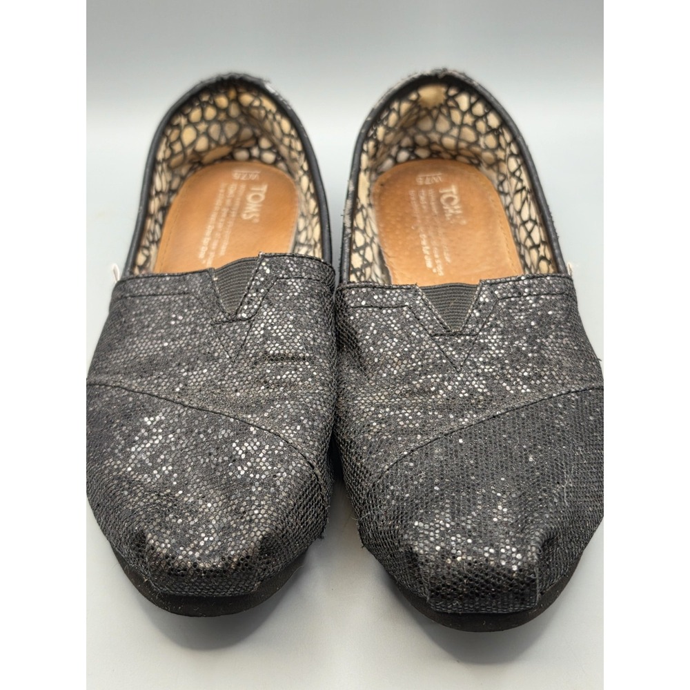 TOMS Womens 7.5 Classic Alpargata Black Silver Glitter Slip On Flats Shoes W7.5
